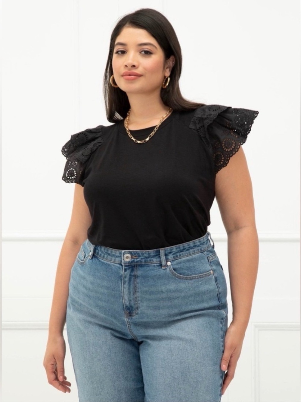 Eloquii Elements Black Eyelet Lace Flutter Sleeve Tee Top Plus Size 26/28
